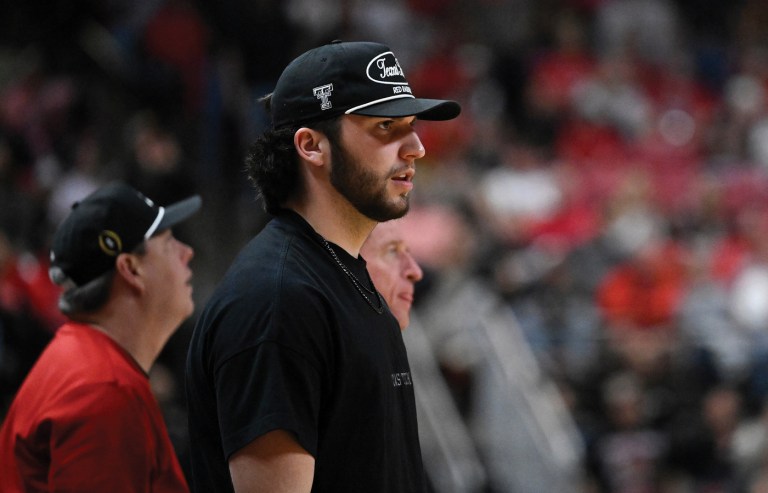 Texas Tech quarterback Brendan Sorsby watches an NCAA college basketball game between Texas Tech and Cincinnati on Feb. 24, 2026, in Lubbock, Texas. (Justin Rex/AP)