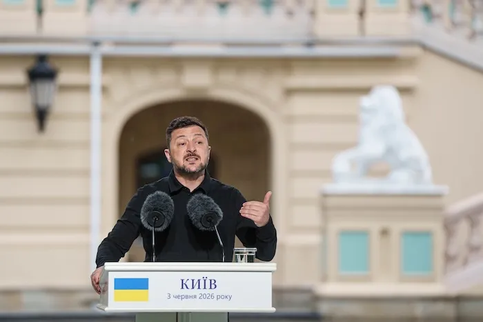 Ukraine's President Volodymyr Zelenskyy speaks to journalists during a joint press conference with NATO Secretary General Mark Rutte in Kyiv, Ukraine, on Wednesday, June 3, 2026. (AP Photo/Evgeniy Maloletka)