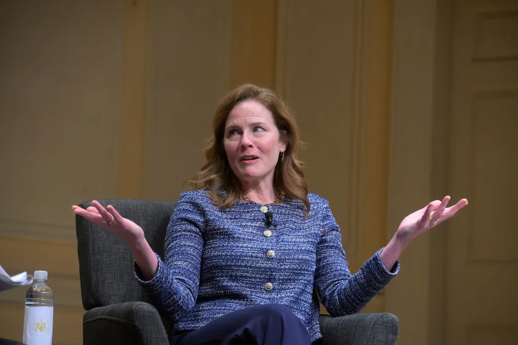 Supreme Court Associate Justice Amy Coney Barrett speaks at the Library of Congress, Thursday, March 12, 2026, in Washington. (AP Photo/Rod Lamkey, Jr.)
