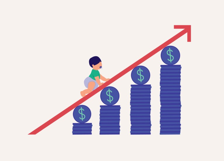 Cost Of Raising A Child Increasing And Getting More Expensive. Isolated On Color Background.