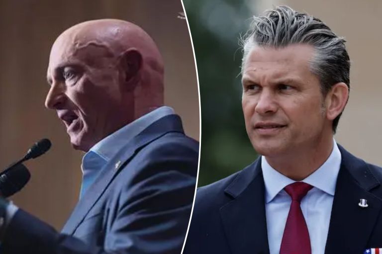 A collage of Pete Hegseth and Mark Kelly side-by-side.