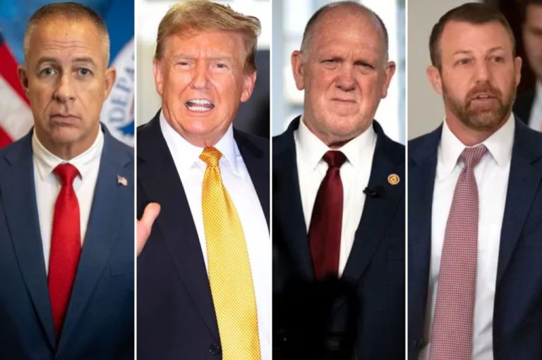 Collage of Lance Schroyer, Donald Trump, Tom Homan, and Markwayne Mullin.