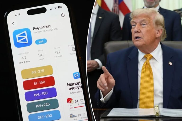 Collage of Polymarket app displayed on a smartphone and President Donald Trump.
