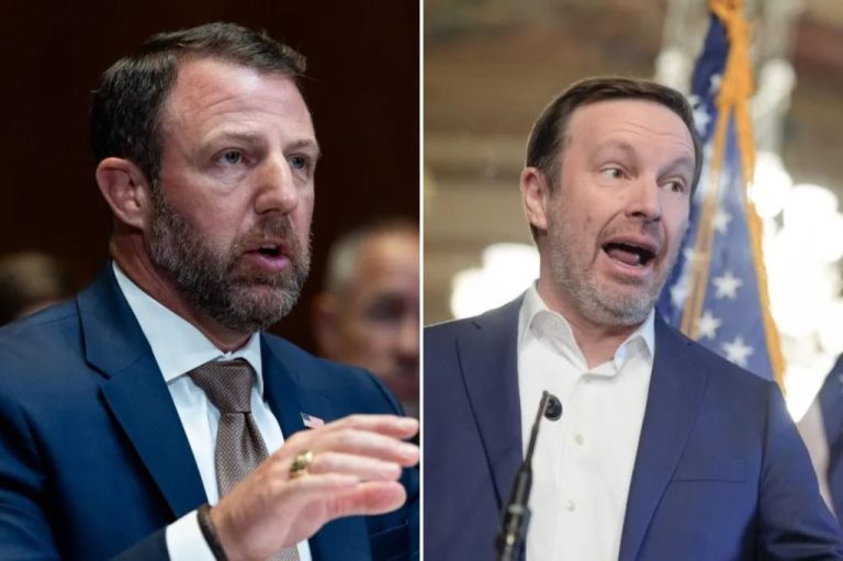 Department of Homeland Security Secretary Markwayne Mullin, left, and Sen. Chris Murphy, right, sparring over DHS not abiding by 