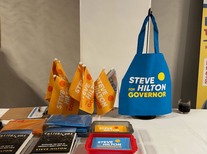 Steve Hilton bumper stickers and flags from his election watch party on Tuesday night. (Photo: Barnini Chakraborty)