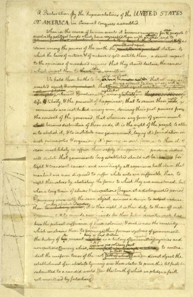 The first page of the original four page "first draught" of the Declaration of Independence.