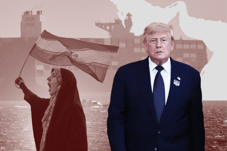 Graphic of President Donald Trump, a woman holding an Iranian flag, and the Strait of Hormuz in the background