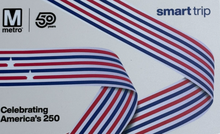 Photo of Metro 50 and America 250 limited-edition Washington Metropolitan Area Transit Authority Smart Trip card.