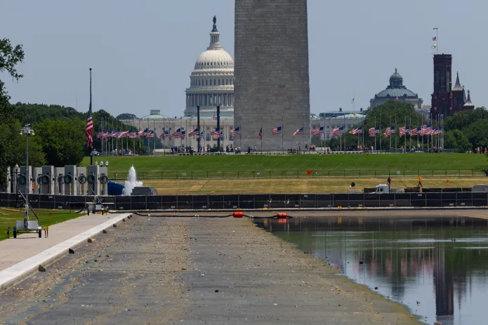 The Reflecting Pool as seen on Monday, July 13, 2026. Interior Secretary Doug Burgum announced that crews would drain the pool for a second time for repairs and cleanup following months of maintenance issues.