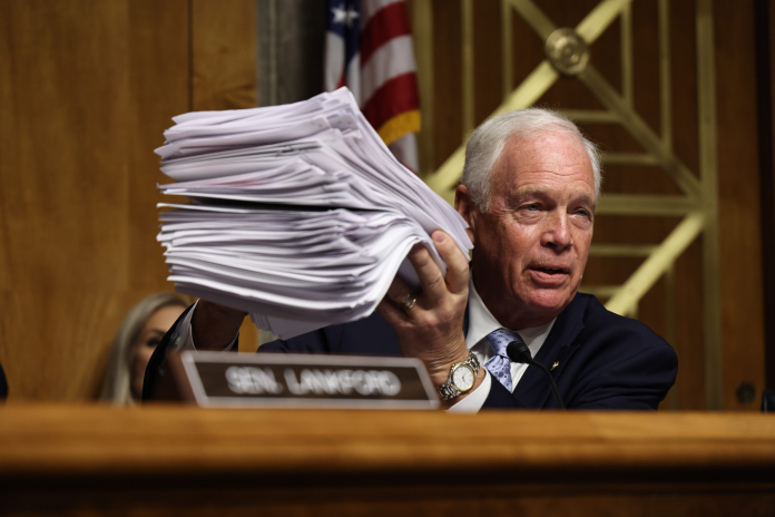 Sen. Ron Johnson during Anthony Fauci's Senate testimony. (Graeme Jennings/Washington Examiner)
