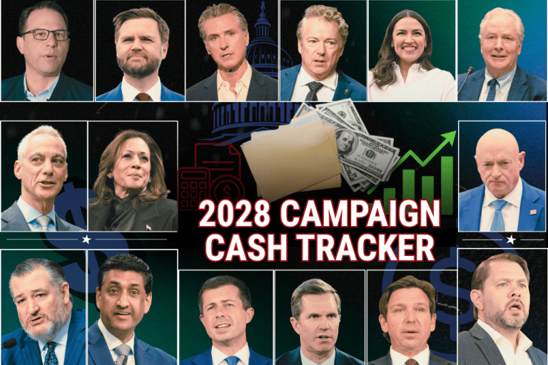 Graphic of 2028 election candidates with campaign finance elements