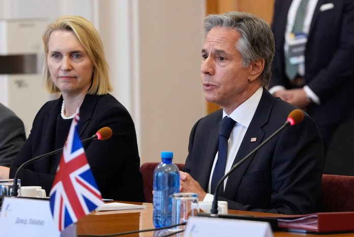 U.S. Secretary of State Antony Blinken and U.S. Ambassador to Ukraine Bridget Brink meet with Ukraine's Foreign Minister Andriiy Sybiha at the Ministry of Foreign Affairs in Kyiv, Ukraine, Wednesday, Sept. 11, 2024.