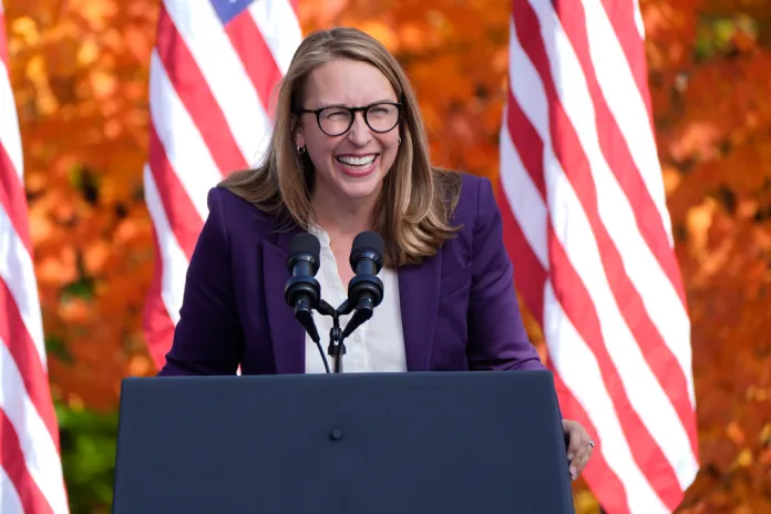 Rep. Hillary Scholten, D-Mich., speaks at a campaign event for Democratic presidential nominee Vice President Kamala Harris in Riverside Park, Friday, Oct. 18, 2024, in Grand Rapids, Mich.