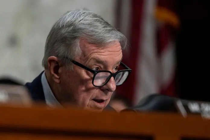 Sen. Dick Durbin, D-Ill., speaks as FBI Director Kash Patel appears before the Senate Judiciary Committee for his first oversight hearing, Tuesday, Sept. 16, 2025, at the Capitol in Washington. (AP Photo/Julia Demaree Nikhinson)