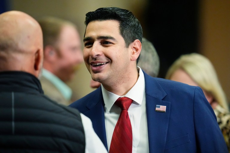 Rep. Gabe Evans (D-CO) talks to well-wishers before the first Republican primary debate for the state's 8th Congressional district seat, Jan. 25, 2024, in Fort Lupton, Colorado.
