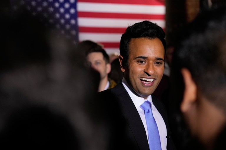 Republican Ohio gubernatorial candidate Vivek Ramaswamy greets supporters after speaking at a watch party at the Spruce St. Sporting sports bar after winning the party's nomination in Columbus, Ohio, Tuesday, May 5, 2026.