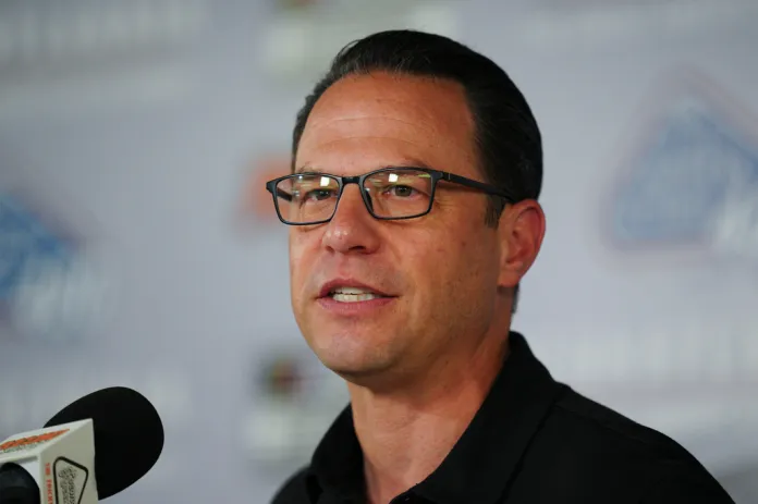 Pennsylvania Gov. Josh Shapiro talks to the media prior to a NASCAR Cup Series auto race at Pocono Raceway, Sunday, June 14, 2026, in Long Pond, Pa.
