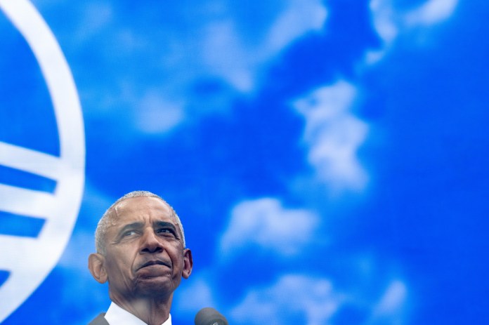 Former President Barack Obama speaks during the dedication ceremony for the Obama Presidential Center, Thursday, June 18, 2026, in Chicago. (AP Photo/Alex Brandon)