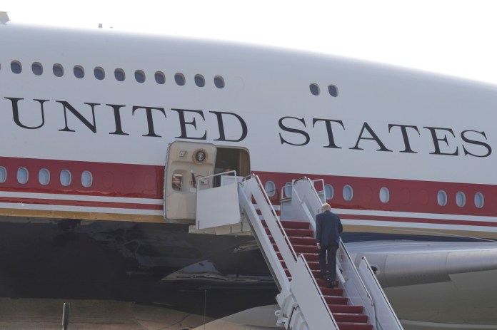 President Donald Trump walks up the stairs of the newly designated Air Force One, a formerly Qatari-owned jumbo jet that has been converted into the official U.S. presidential aircraft, at Joint Base Andrews, Md., Wednesday, July 1, 2026, to attend the opening of the Theodore Roosevelt Presidential Library in Medora, N.D. (AP Photo/Luis M. Alvarez)(AP Photo/Luis M. Alvarez