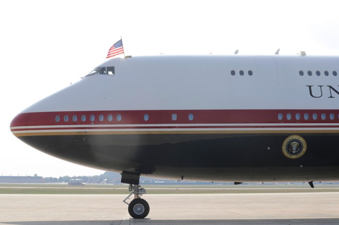Air Force One with president Donald Trump on board, taxis at Joint Base Andrews, Md., Wednesday, July 1, 2026, as he heads to attend the opening of the Theodore Roosevelt Presidential Library in Medora, N.D. (AP Photo/Luis M. Alvarez)