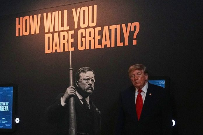 President Donald Trump tours the Theodore Roosevelt Presidential Library.