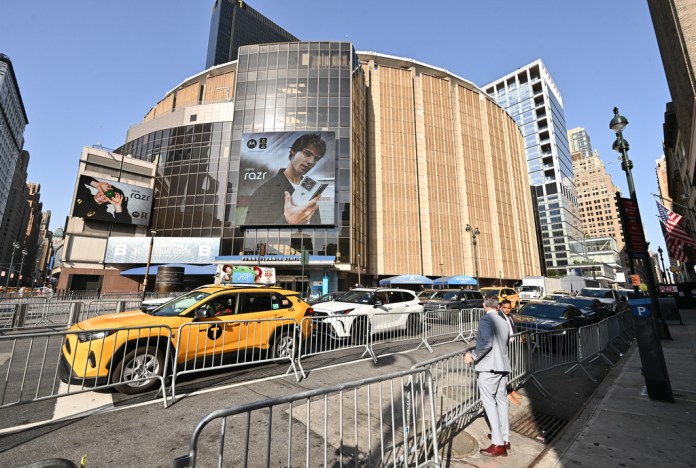 A view outside Madison Square Garden ahead of a reported wedding between singer Taylor Swift and National Football League player Travis Kelce on on Thursday, July 2, 2026, in New York.