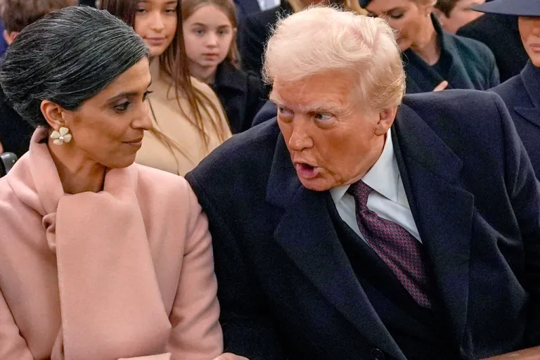 President Donald Trump, talks with Usha Vance before a service at St. John's Church, Jan. 20, 2025, in Washington.