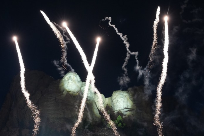 Fireworks explode after President Donald Trump spoke at Mount Rushmore National Memorial, Friday, July 3, 2026, near Keystone, S.D.