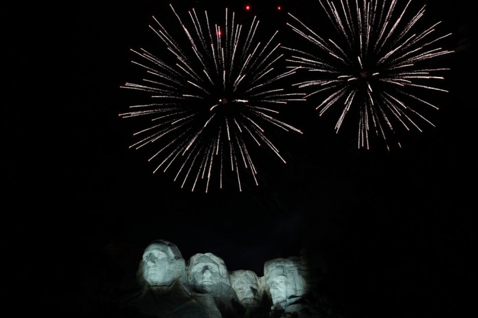 Fireworks explode after President Donald Trump spoke at Mount Rushmore National Memorial, Friday, July 3, 2026, near Keystone, S.D.