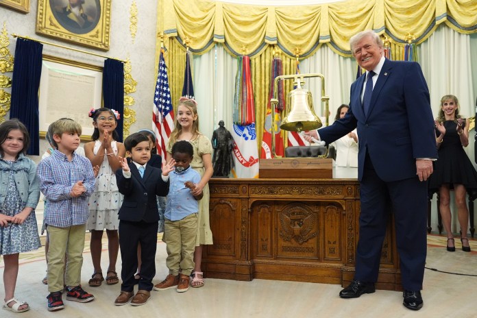 President Donald Trump rings the opening bell for the New York Stock Exchange and the Nasdaq in the Oval Office at the White House, Monday, July 6, 2026, in Washington. (AP Photo/Mark Schiefelbein)
