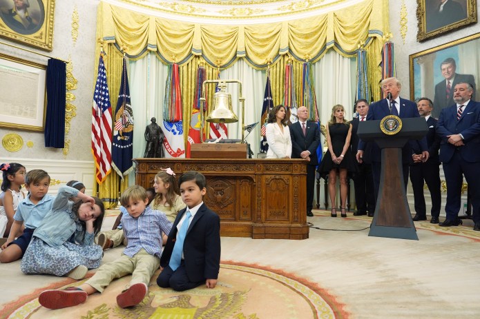 President Donald Trump speaks after ringing the opening bell for the New York Stock Exchange and the Nasdaq in the Oval Office at the White House, Monday, July 6, 2026, in Washington. (AP Photo/Mark Schiefelbein)