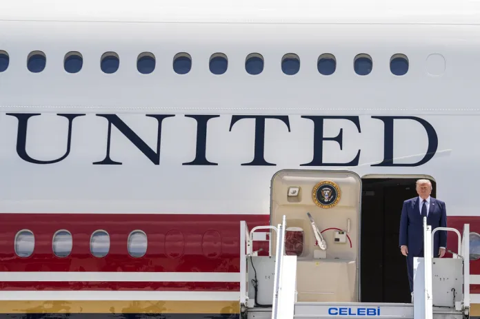 President Donald Trump steps off Air Force One as he arrives for the NATO summit in Ankara, Turkey, Tuesday, July 7, 2026. 