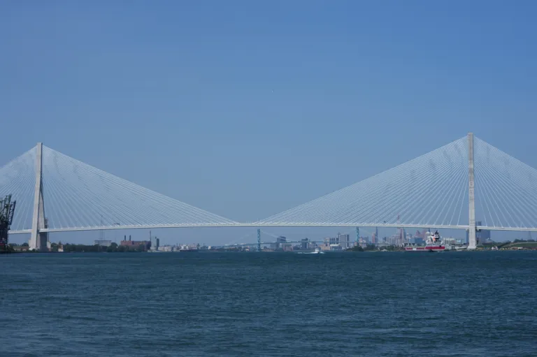 The Gordie Howe International Bridge is seen from River Rouge, Mich.