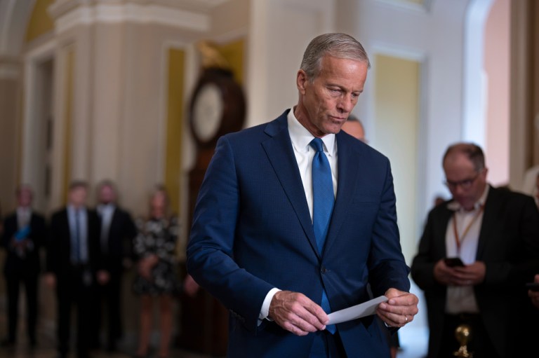 Senate Majority Leader John Thune (R-SD) arrives to speak with reporters after a closed-door policy meeting, at the Capitol in Washington, Wednesday, July 15, 2026.