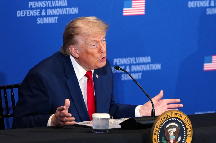 President Donald Trump speaks at the United States Army War College in Carlisle, Pa., during the Pennsylvania Defense and Innovation Summit, Wednesday, July 15, 2026.