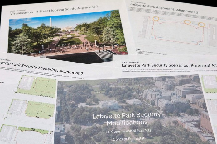 Part of a proposal to improve security at Lafayette Park, across from the White House, is photographed Wednesday, July 15, 2026, before a meeting on July 16 of the U.S. Commission of Fine Arts. (AP Photo/Jon Elswick)