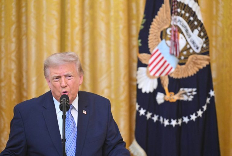 President Donald Trump speaks in the East Room of the White House