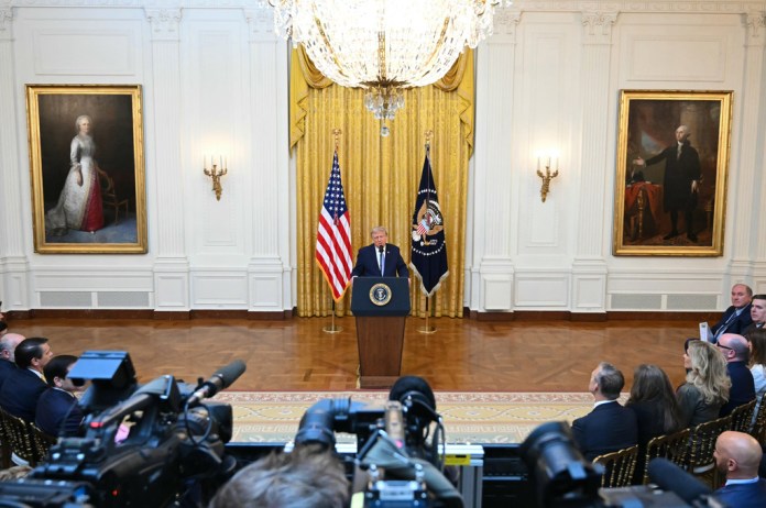 President Donald Trump speaks in the East Room of the White House, Thursday, July 16, 2026, in Washington. 