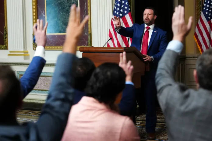 Homeland Security Secretary Markwayne Mullin speaks to reporters in the Indian Treaty Room at the Eisenhower Executive Office Building on the White House campus, Friday, July 17, 2026, in Washington.