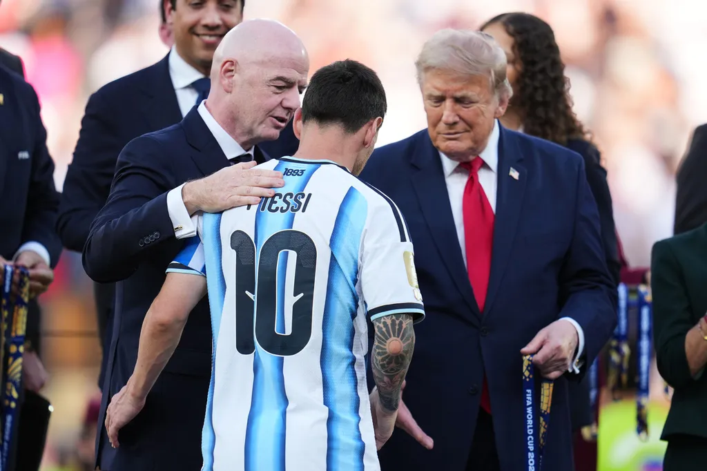 Trump and Infantino shake hands with Lionel Messi