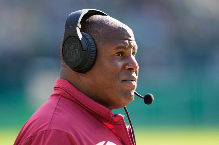FILE - Washington Commanders offensive coordinator Eric Bieniemy watches from the sidelines during an NFL football game, Oct. 1, 2023, in Philadelphia. (AP Photo/Matt Rourke, File)