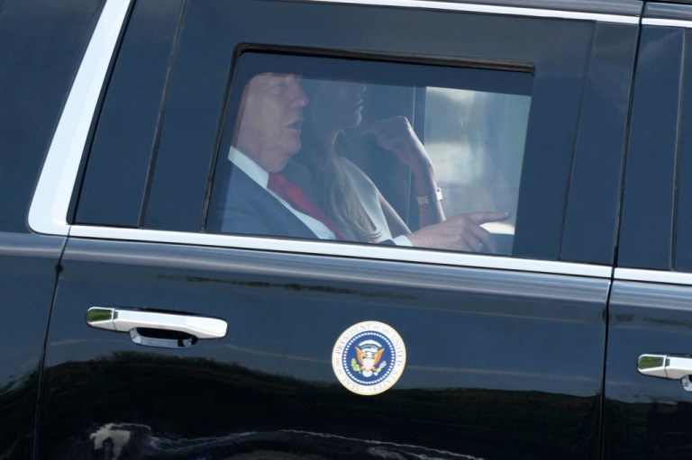 President Donald Trump arrives in his limousine to board Marine One on the Ellipse, Monday, July 27, 2026, near the White House in Washington.