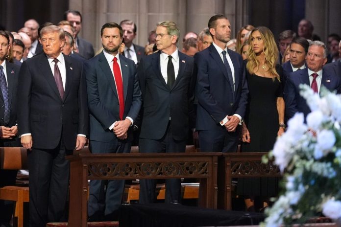 President Donald Trump, Vice President JD Vance, Treasury Secretary Scott Bessent, Eric Trump and his wife Lara, and White House Special Envoy to the Middle East Steve Witkoff at the funeral of Sen. Lindsey Graham