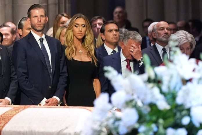 Eric Trump and his wife, Lara, White House Special Envoy to the Middle East Steve Witkoff, and White House chief of staff Susie Wiles at the funeral of Sen. Lindsey Graham