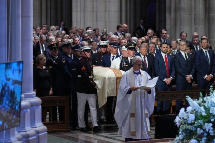 President Donald Trump, Vice President JD Vance, and other guests at the funeral of Sen. Lindsey Graham