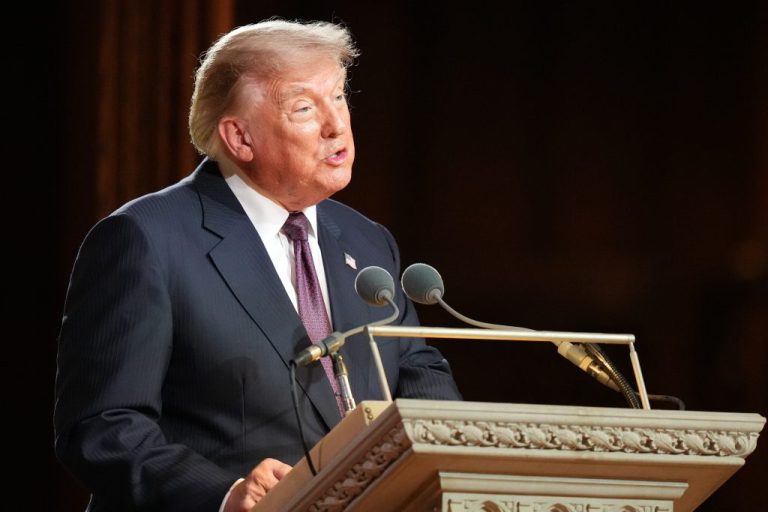 President Donald Trump speaks at the funeral of Sen. Lindsey Graham, R-S.C., at the Washington National Cathedral, Tuesday, July 28, 2026, in Washington.