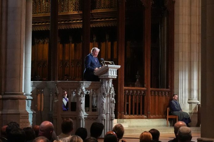 President Donald Trump speaks at the funeral of Sen. Lindsey Graham 