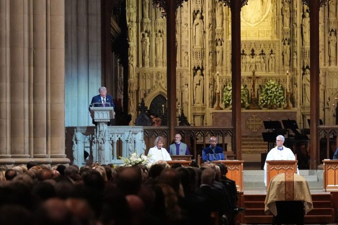 President Donald Trump speaks at the funeral of Sen. Lindsey Graham 