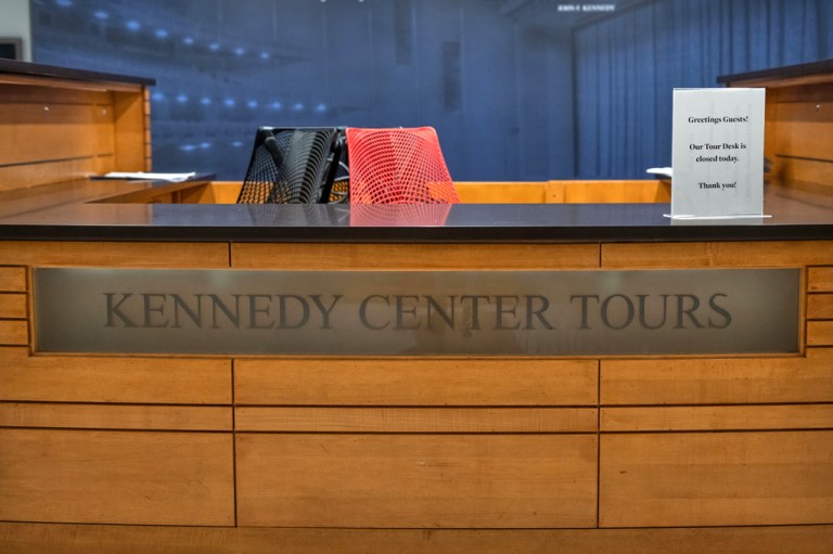 A sign is seen on the tour desk at the Kennedy Center, Friday, July 31, 2026, in Washington. (AP Photo/Mark Schiefelbein)