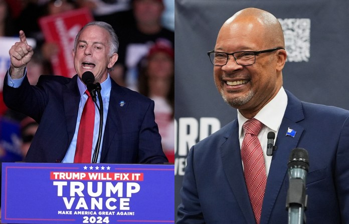 Gov. Joe Lombardo (R-NV), left, is running for a second gubernatorial term against Nevada’s attorney general, Aaron Ford, the Democratic nominee. (Evan Vucci/AP; Jae C. Hong/AP)